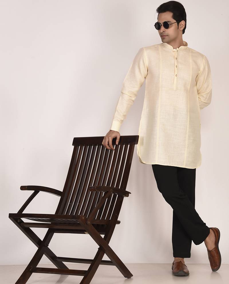 Men's pure linen short kurta with thread work