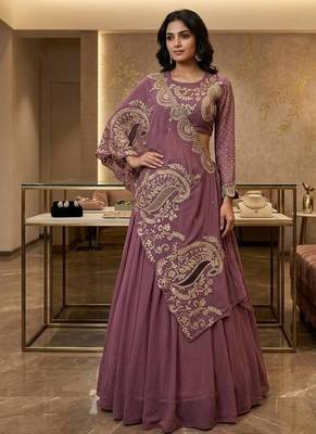Onion Pink Sequin and Embroidery Georgette Lehenga Choli Set 1