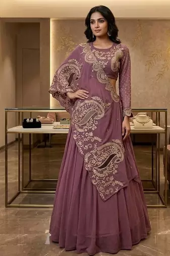 Onion Pink Sequin and Embroidery Georgette Lehenga Choli Set
