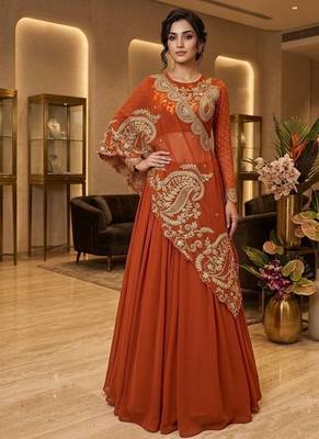 Orange Sequin and Embroidery Georgette Lehenga Choli Set 1