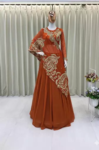 Orange Sequin and Embroidery Georgette Lehenga Choli Set