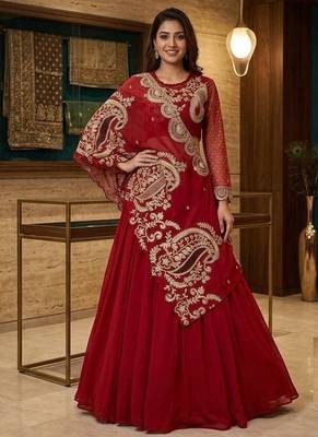 Red Sequin and Embroidery Georgette Lehenga Choli Set 1