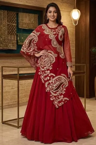 Red Sequin and Embroidery Georgette Lehenga Choli Set