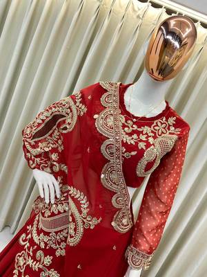 Red Sequin and Embroidery Georgette Lehenga Choli Set 2