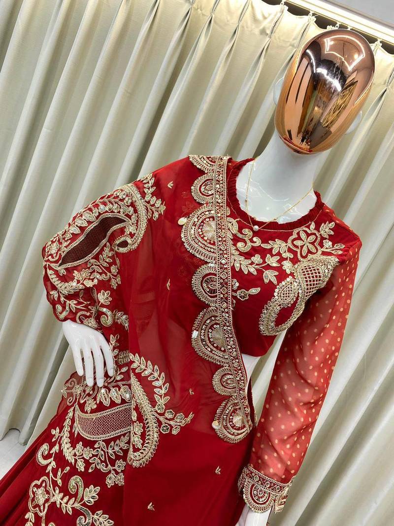 Red Sequin and Embroidery Georgette Lehenga Choli Set