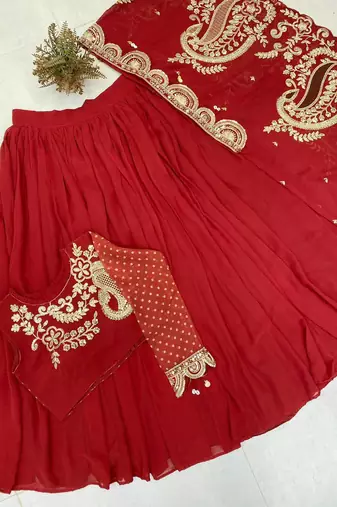 Red Sequin and Embroidery Georgette Lehenga Choli Set