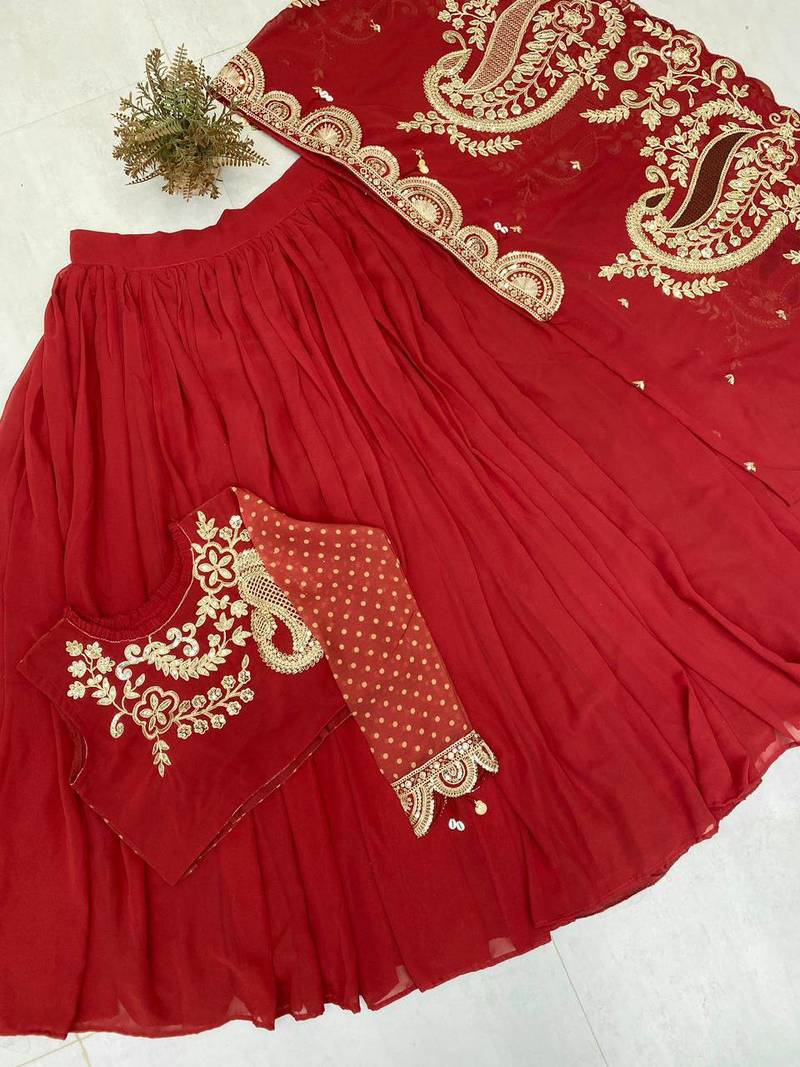 Red Sequin and Embroidery Georgette Lehenga Choli Set
