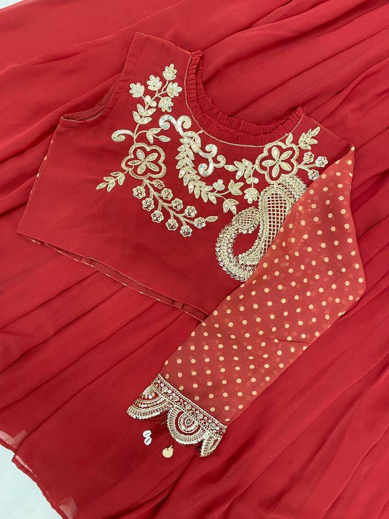 Red Sequin and Embroidery Georgette Lehenga Choli Set