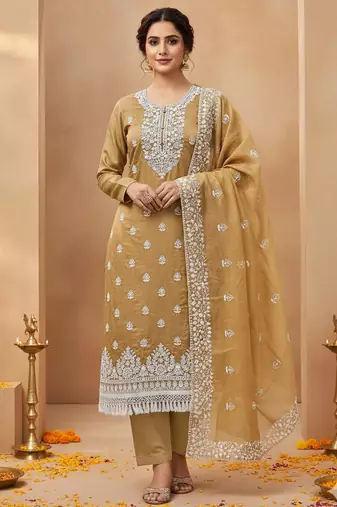 Mustard chanderi silk embroidered salwar kameez