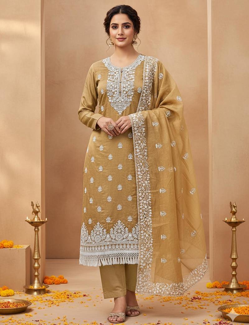 Mustard chanderi silk embroidered salwar kameez