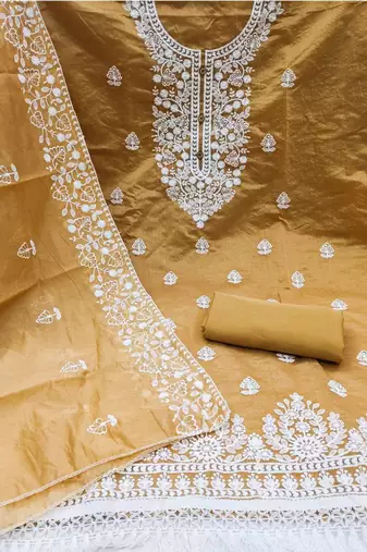 Mustard chanderi silk embroidered salwar kameez