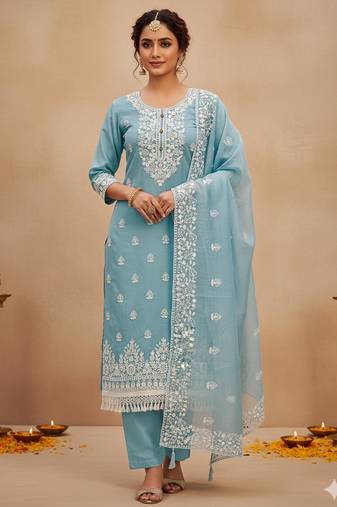 Sky blue chanderi silk embroidered salwar kameez