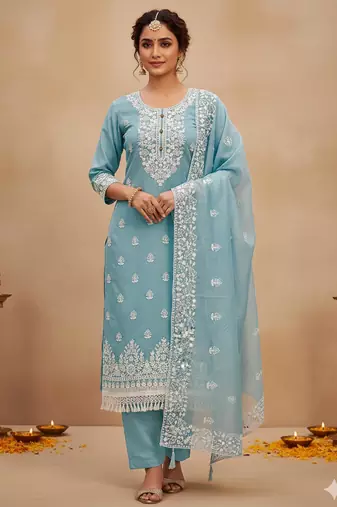 Sky blue chanderi silk embroidered salwar kameez