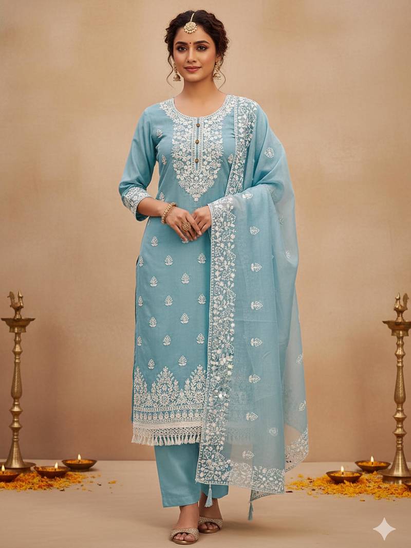 Sky blue chanderi silk embroidered salwar kameez