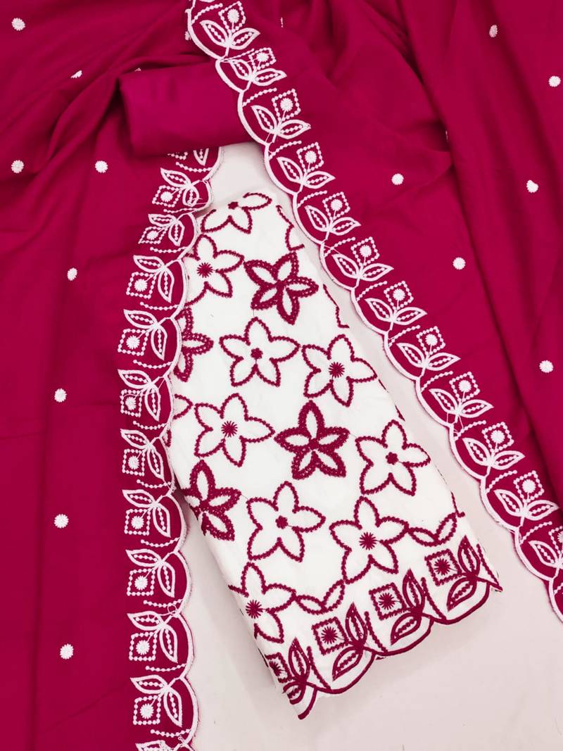 White silk blend embroidered salwar kameez