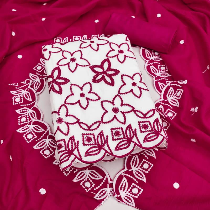 White silk blend embroidered salwar kameez