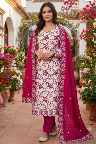 White silk blend embroidered salwar kameez