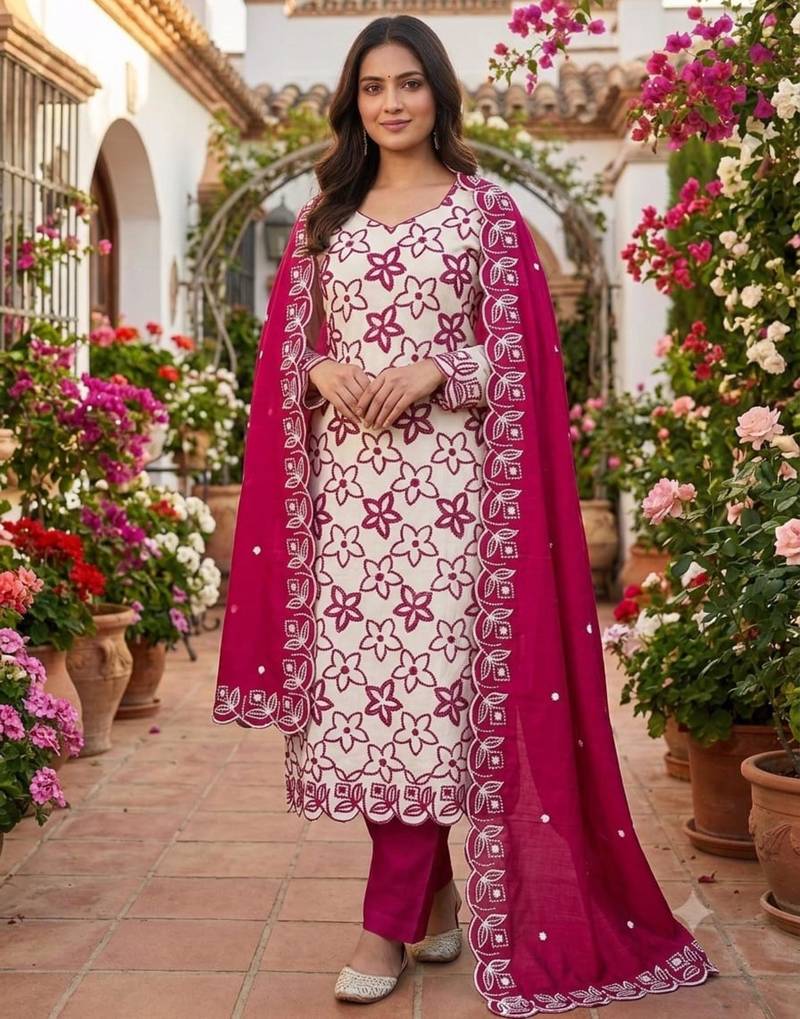 White silk blend embroidered salwar kameez
