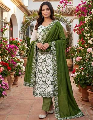 White silk blend embroidered salwar kameez 1