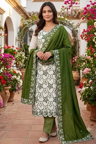 White silk blend embroidered salwar kameez