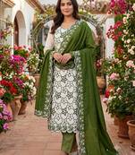 White silk blend embroidered salwar kameez