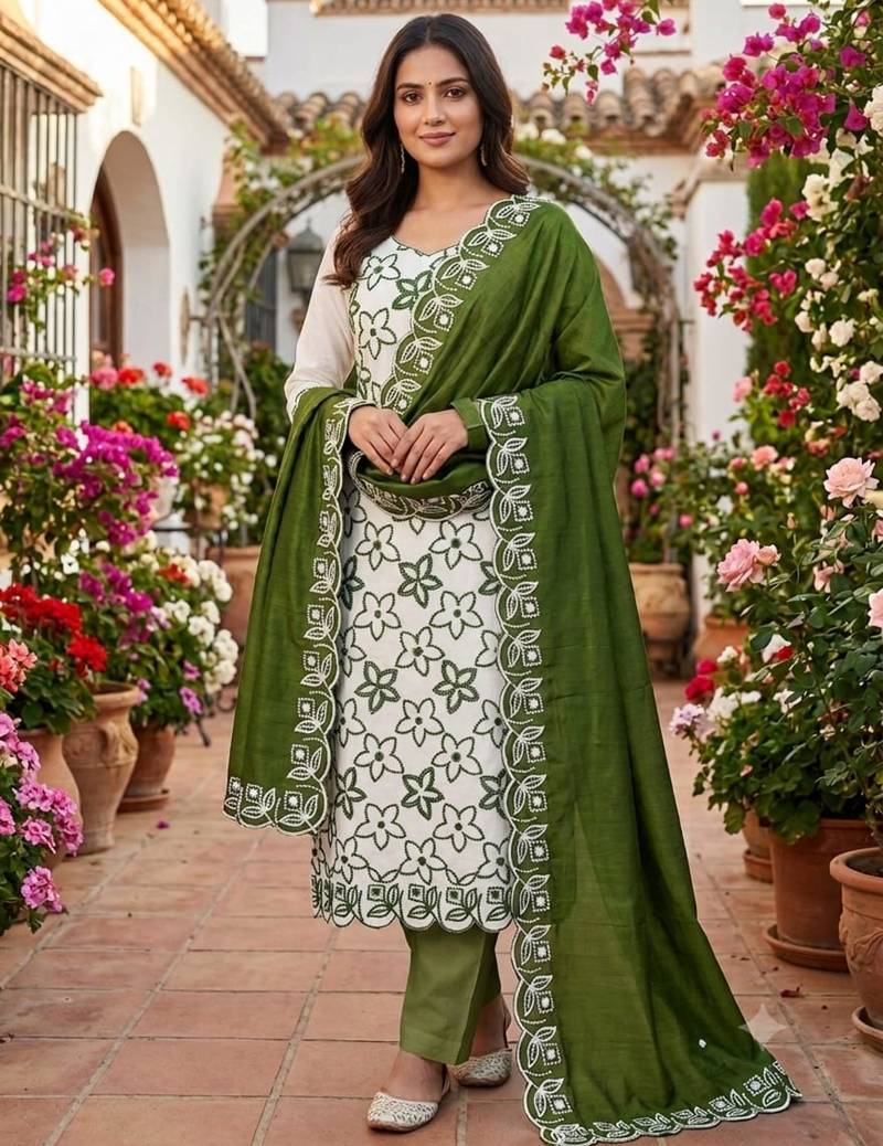 White silk blend embroidered salwar kameez