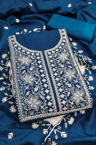 Blue silk blend embroidered salwar kameez
