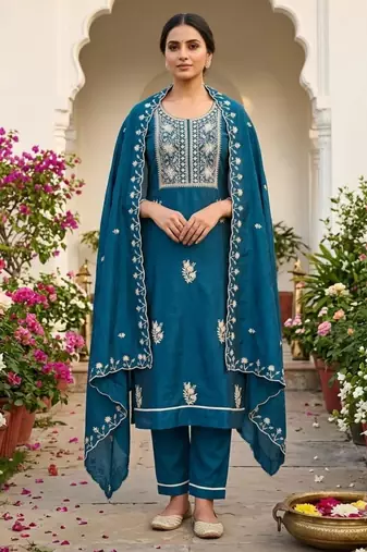 Blue silk blend embroidered salwar kameez