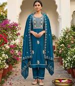 Blue silk blend embroidered salwar kameez
