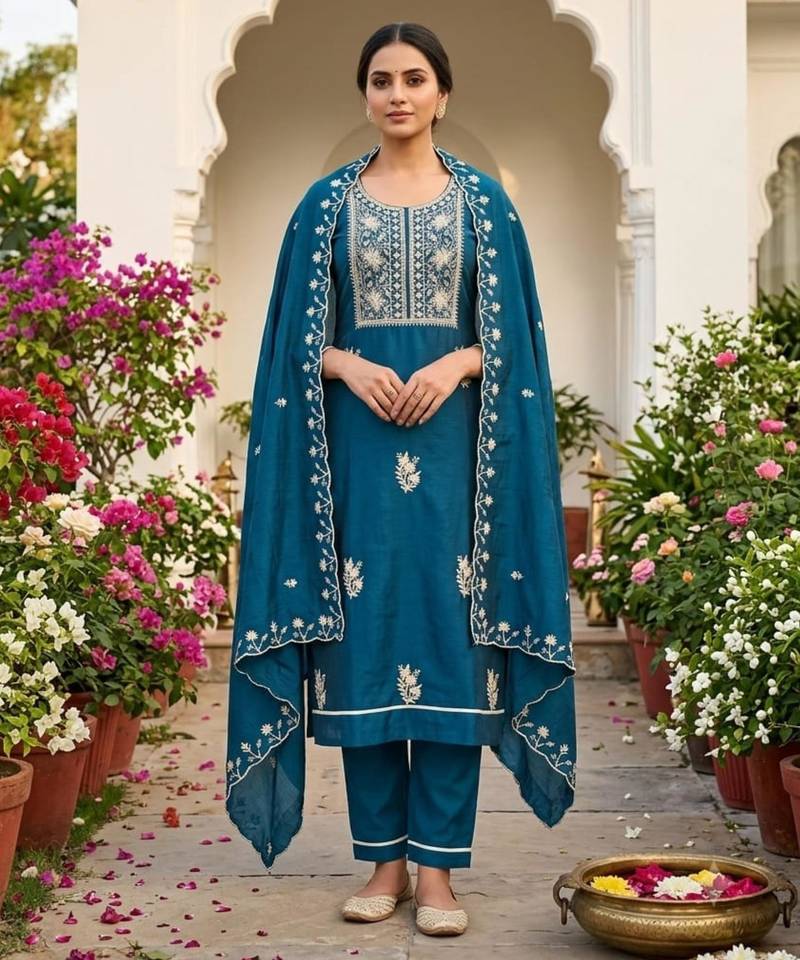 Blue silk blend embroidered salwar kameez