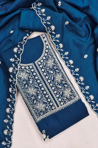 Blue silk blend embroidered salwar kameez