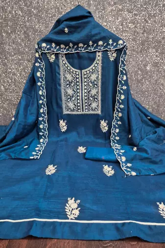 Blue silk blend embroidered salwar kameez