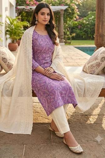 Light purple silk blend printed salwar kameez