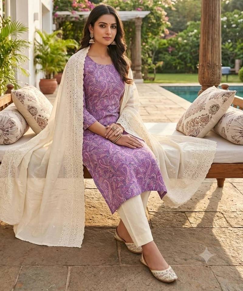 Light purple silk blend printed salwar kameez