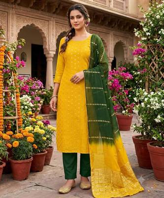Dark yellow silk blend abstract print salwar kameez 1