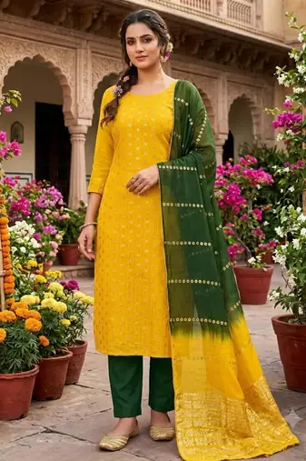 Dark yellow silk blend abstract print salwar kameez