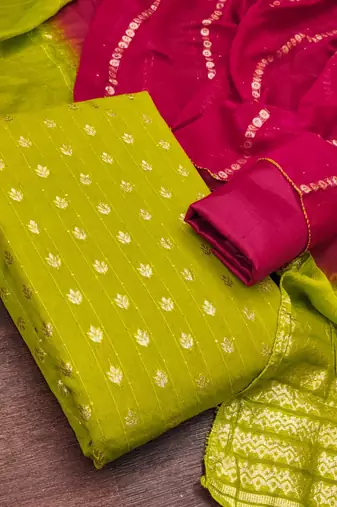 Parrot green silk blend abstract print salwar kameez