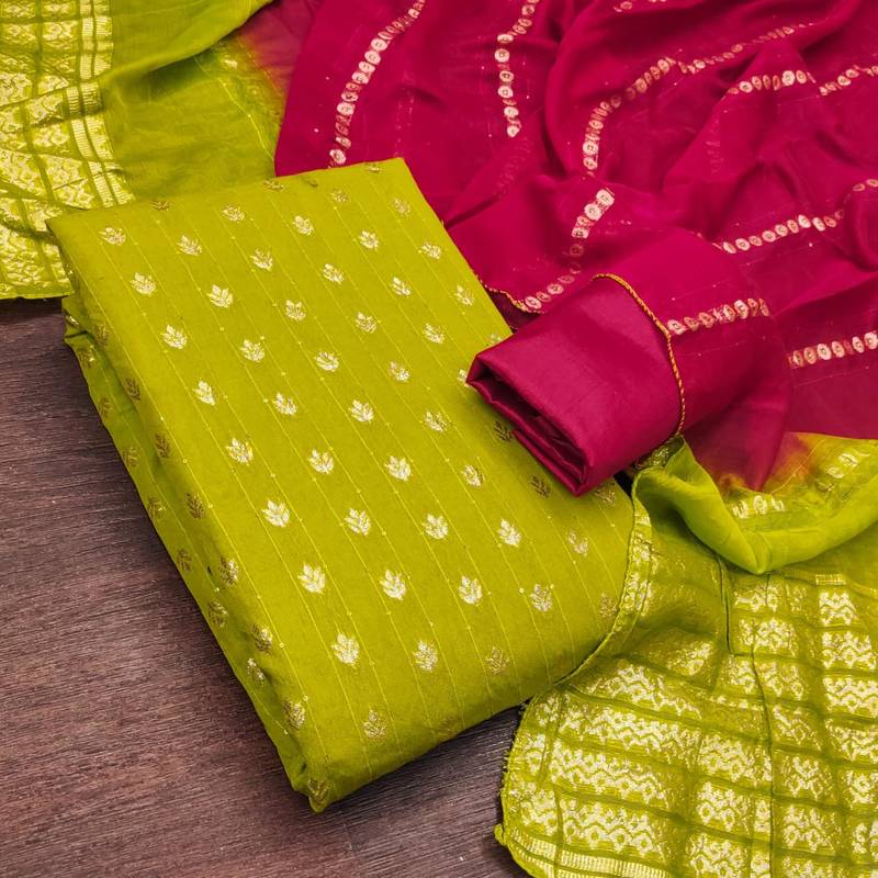 Parrot green silk blend abstract print salwar kameez