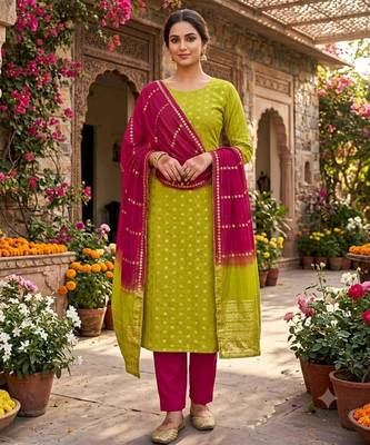 Parrot green silk blend abstract print salwar kameez 1