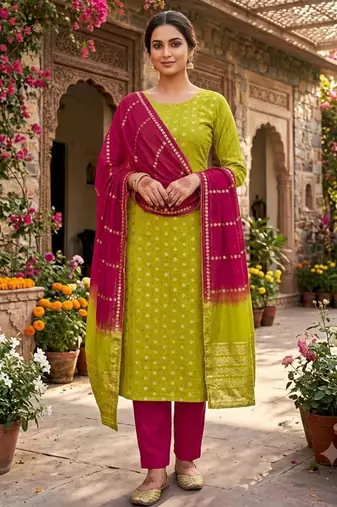 Parrot green silk blend abstract print salwar kameez
