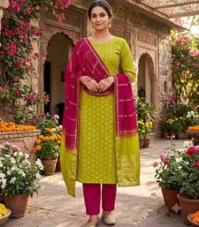 Parrot green silk blend abstract print salwar kameez