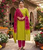 Parrot green silk blend abstract print salwar kameez