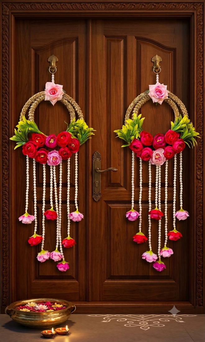 handmade decorative lace chudi flower peony beads latkan wall hanging for decor (pack of 2)