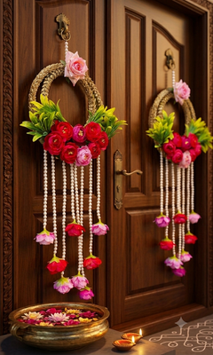 handmade decorative lace chudi flower peony beads latkan wall hanging for decor (pack of 2) 3