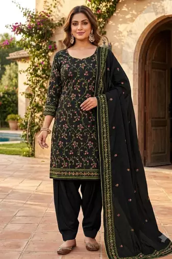 Black cotton poly embroidered salwar kameez