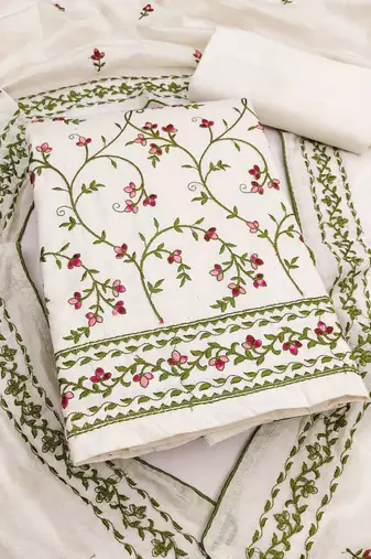 White cotton poly embroidered salwar kameez