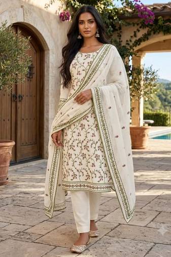 White cotton poly embroidered salwar kameez