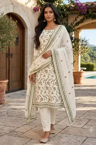 White cotton poly embroidered salwar kameez