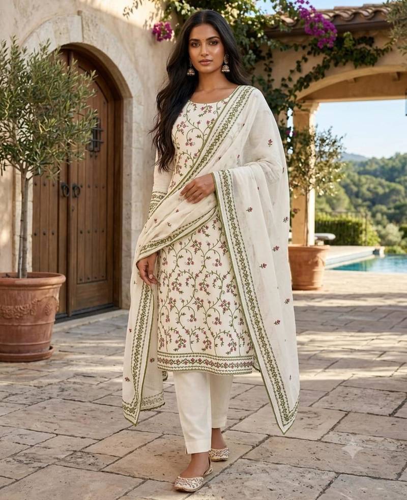 White cotton poly embroidered salwar kameez