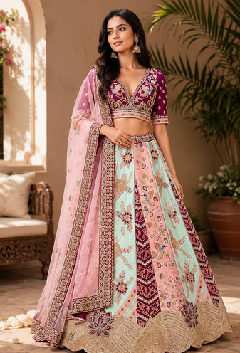 multicolor color Flower Patch Work Real Hand Mirror Work Multi thread And Zari work Satin Lehenga Choli set
